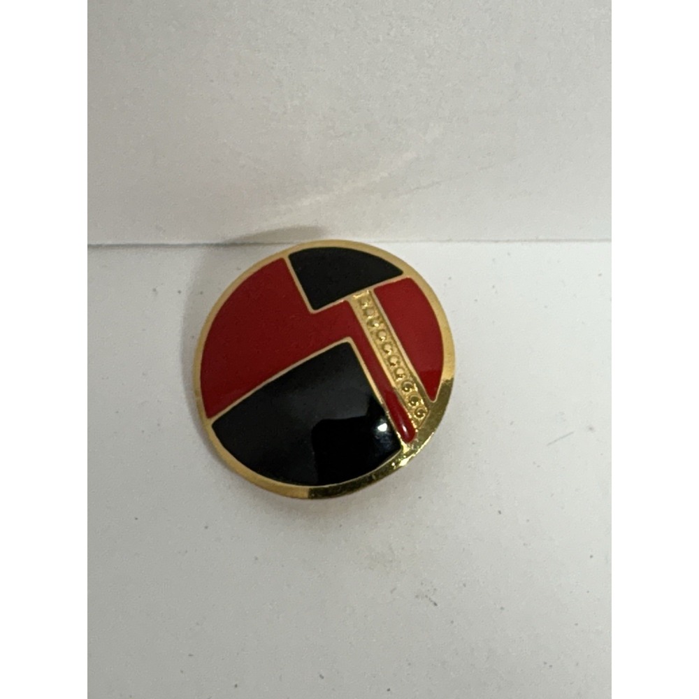 Vintage 80s Brooch‎ By L. Bott Red Black Enamel Gold Tone Pin Signed